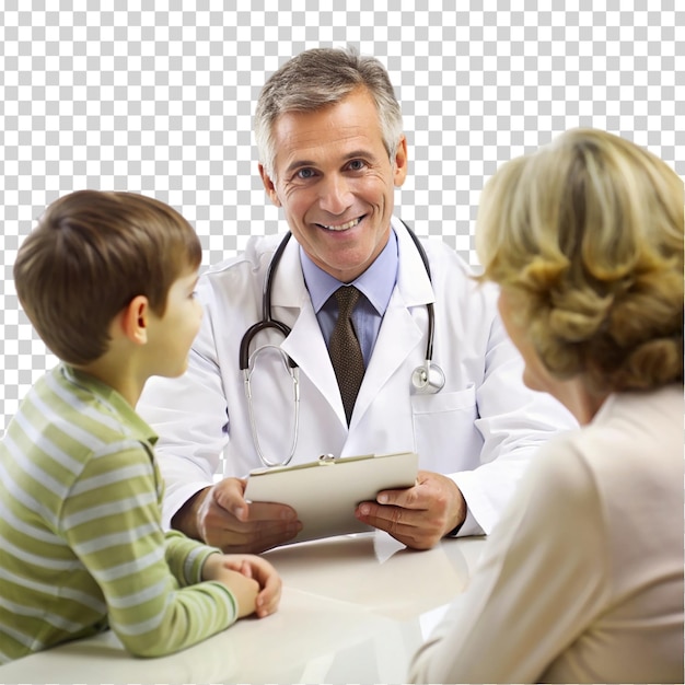 PSD a doctor writing in a book while a woman and a boy watch on transparent background