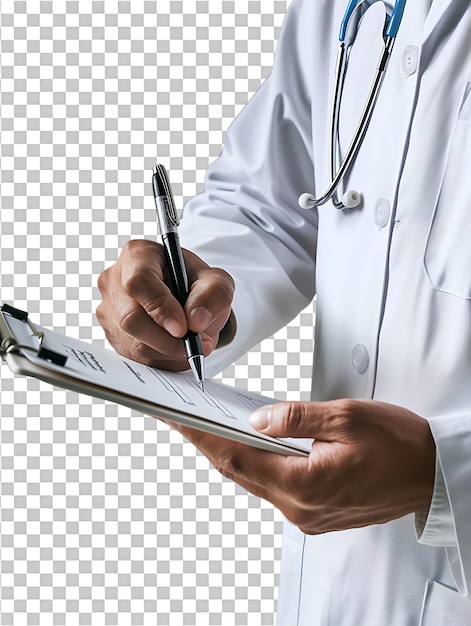 PSD doctor writing on a clipboard isolated against a transparent background