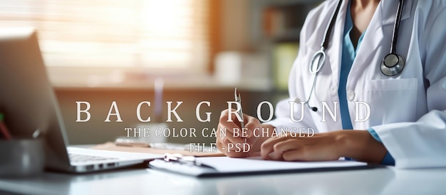 A doctors hand writing on a medical record form on a clipboard morning light visible from the window