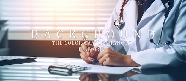 A doctors hand writing on a medical record form on a clipboard morning light visible from the window