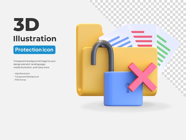 Document folder icon data protection with unlocked padlock and cross symbol 3d render illustration