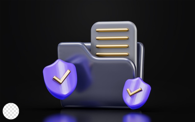 document folder with security shield check mark sign on dark background 3d render concept for safe