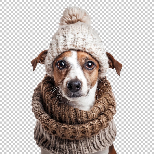 Dog in beige knit beanie and scarf isolated on transparent background