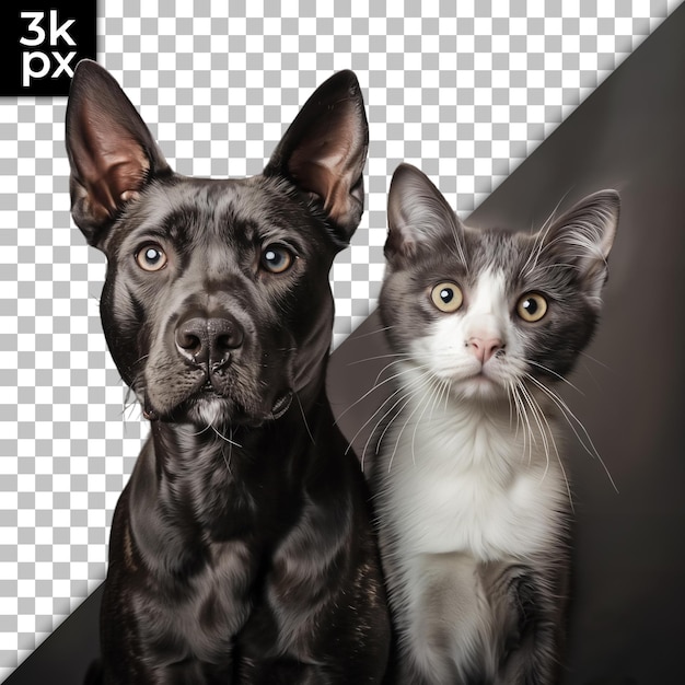 a dog and cat are in front of a black background with a picture of a dog and a cat