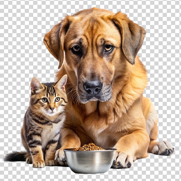 PSD a dog and a cat eating together on transparent background