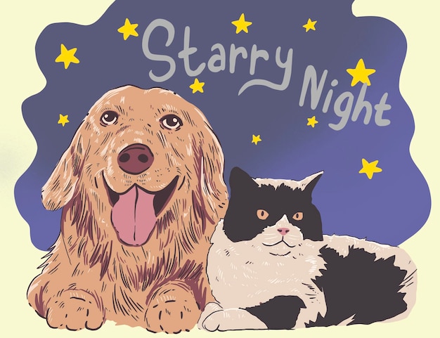 Dog and cat in starry night