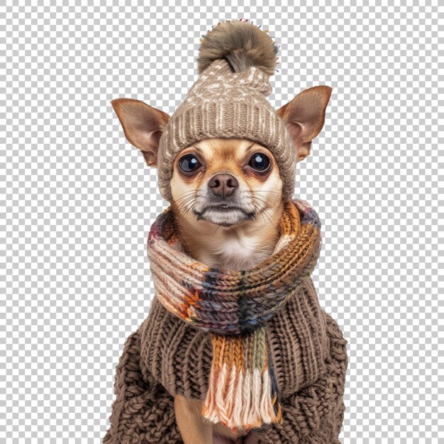 Dog in cozy knitted hat scarf and sweater isolated on transparent background