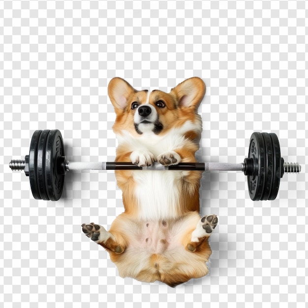 PSD dog doing and exercising sport with dumbbell bar top view full body on transparency background psd