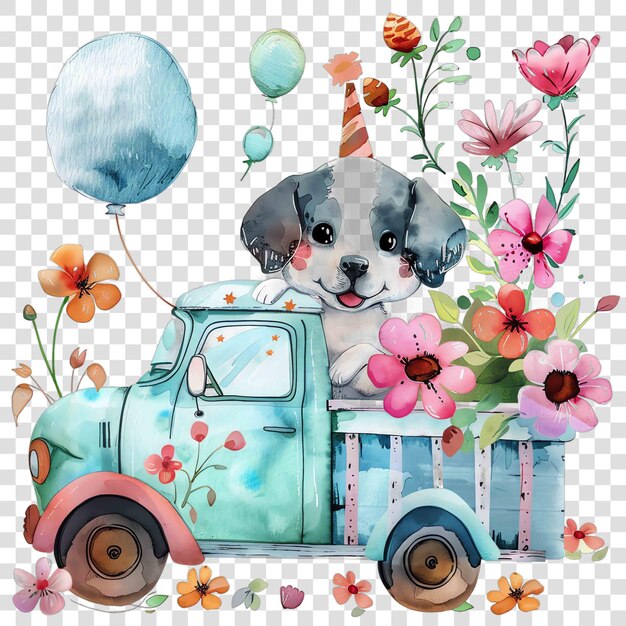 PSD dog driving a truck with flowers nuresery watercolor