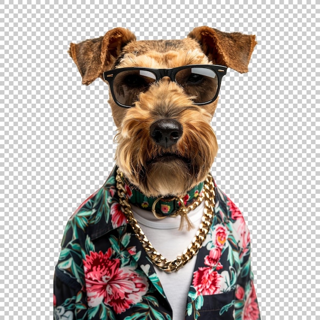 PSD dog in hawaiian shirt with sunglasses and floral collar isolated on transparent background