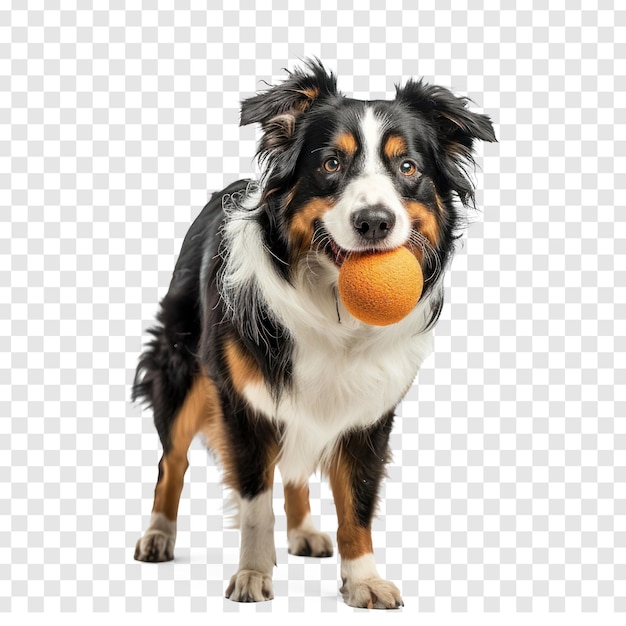 Dog holding a ball in the mouth full body standing on transparency background PSD