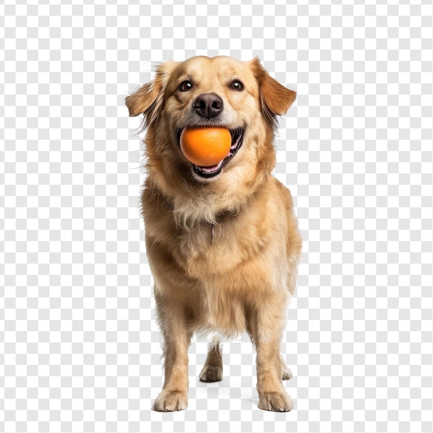 Dog holding a ball in the mouth full body standing on transparency background PSD