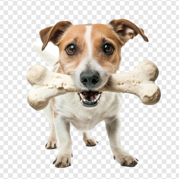 Dog holding big white bone toy with his mouth full body standing on transparency background PSD