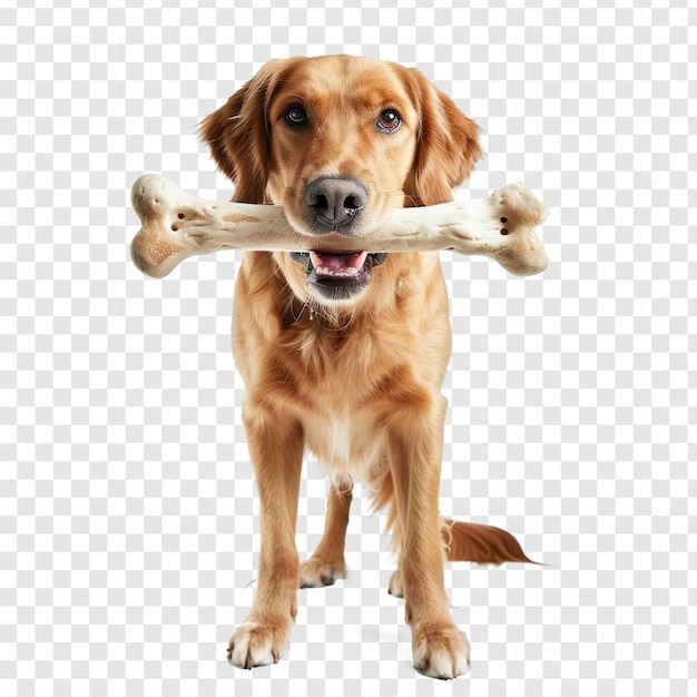 Dog holding big white bone with his mouth full body standing on transparency background PSD