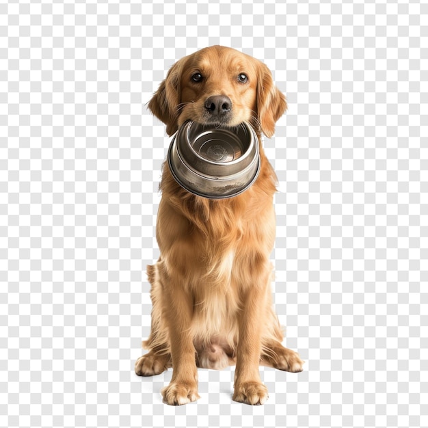 Dog holding food bowl with his mouth full body standing on transparency background PSD