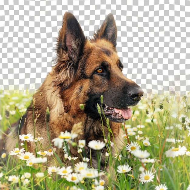 PSD a dog is laying in a field of daisies