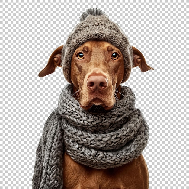 Dog in knit hat and scarf isolated on transparent background