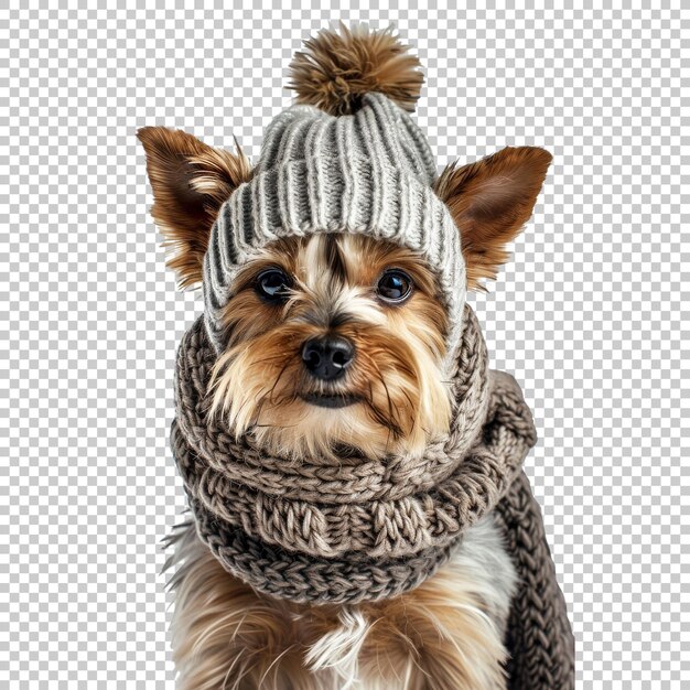 PSD dog in knit hat and scarf isolated on transparent background