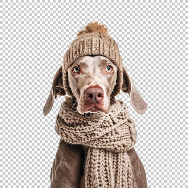 Dog in knit hat and scarf isolated on transparent background