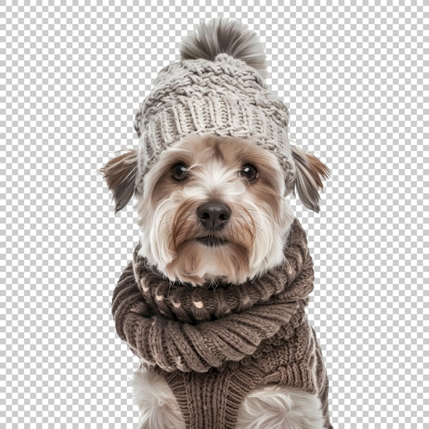 Dog in knit hat and sweater isolated on transparent background