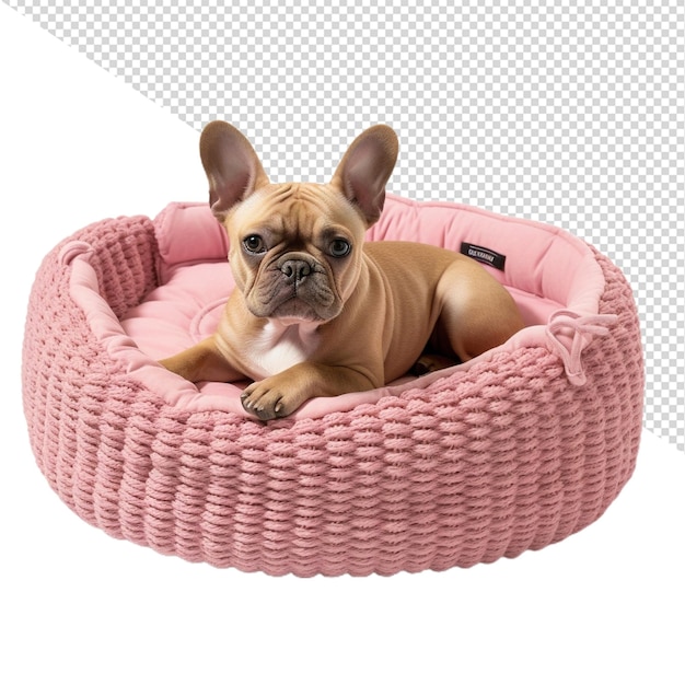 a dog in a pink bed with a pink bed with a black tag on it