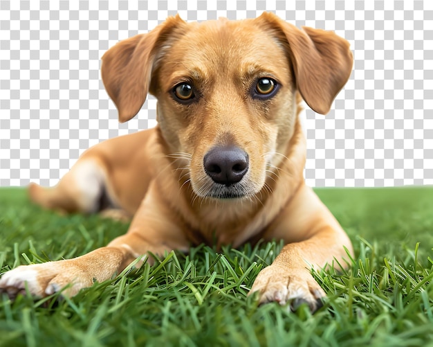 PSD dog relaxed lying on grass on transparent background