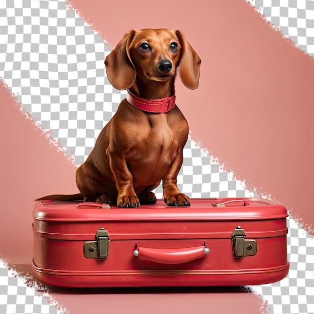 a dog sits on a red suitcase with a red collar.