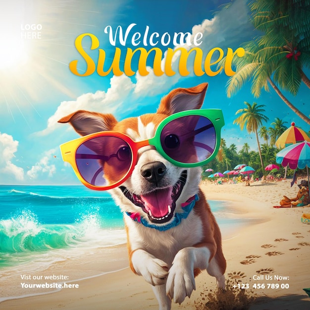 Dog summer welcome social media post template instagram 3d summer poster svg design promotion banner