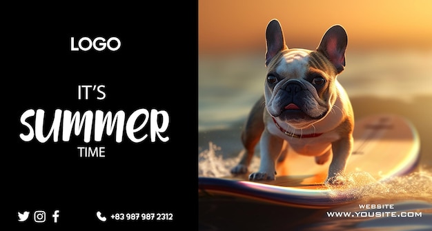 A dog on a surfboard with the words summer on it