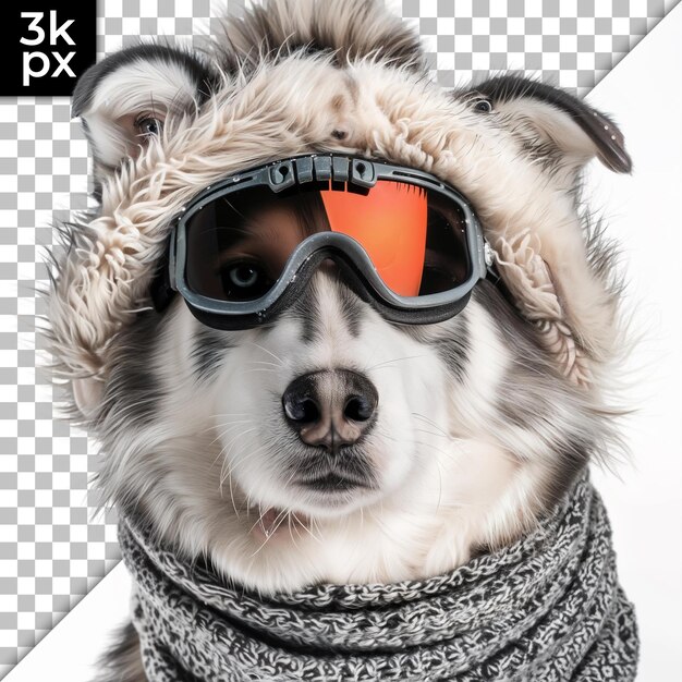 PSD a dog wearing goggles and a sweater with a red lens