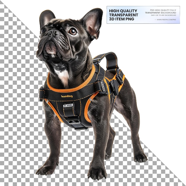 a dog wearing a harness stands on a checkered background