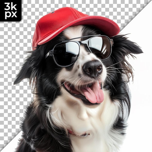 PSD a dog wearing a red cap and sunglasses with the letters k - p on it