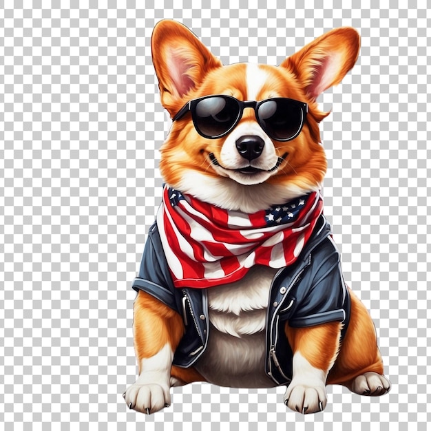 PSD a dog wearing a red sunglasses and a bandana with a flag around his neck