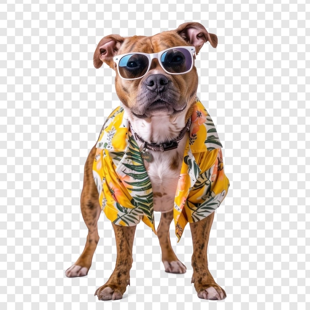 Dog wearing summer shirt and sunglasses full body standing on transparency background PSD