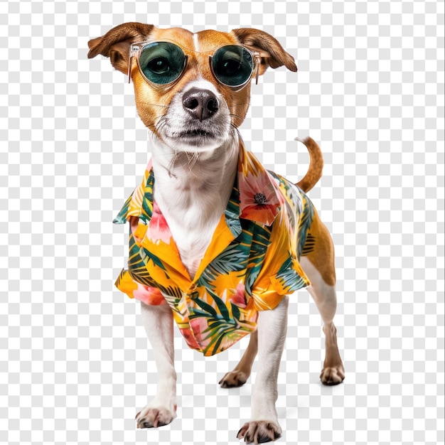 Dog wearing summer shirt and sunglasses full body standing on transparency background PSD