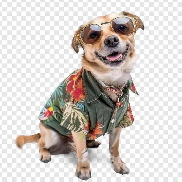 Dog wearing summer shirt and sunglasses full body standing on transparency background PSD