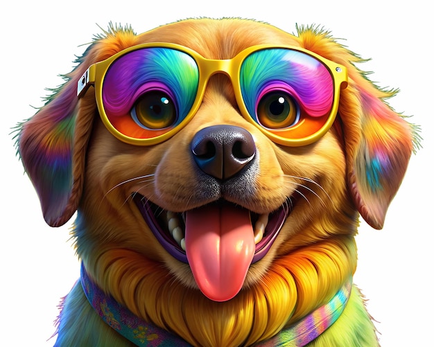 a dog wearing sunglasses with rainbow colored hair and a colorful scarf