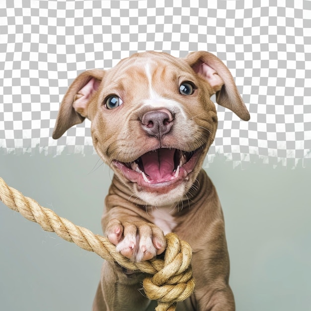 PSD a dog with a big smile on its face and a rope that has a big smile on it