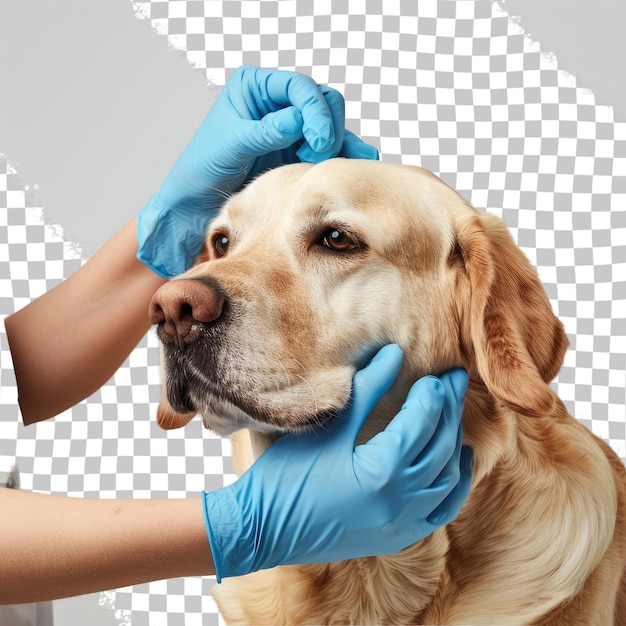 a dog with a blue gloved hand on his head