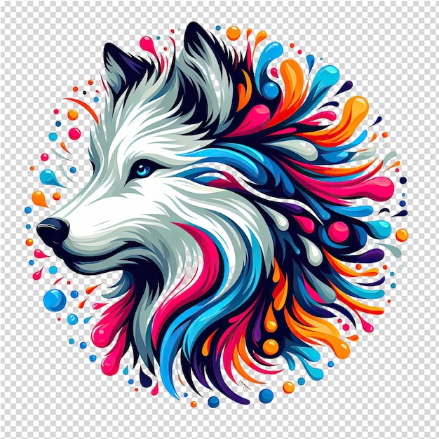 a dog with colorful hair and colorful spots is drawn in a colorful circle