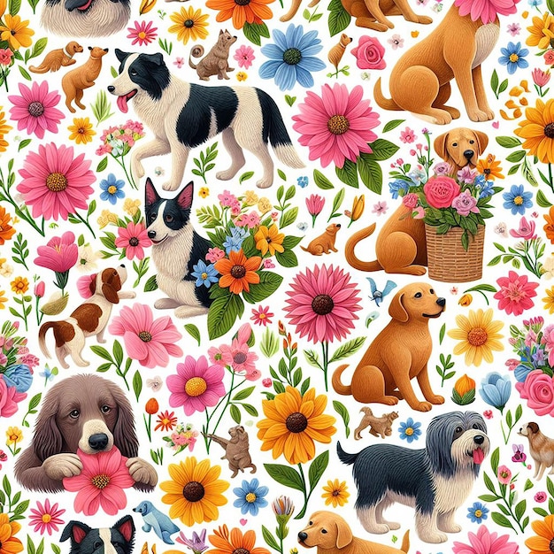 Dog with Flower background seamless pattern