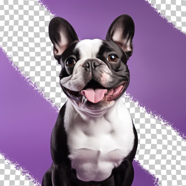 a dog with a pink tongue sticking out is standing on a purple background.