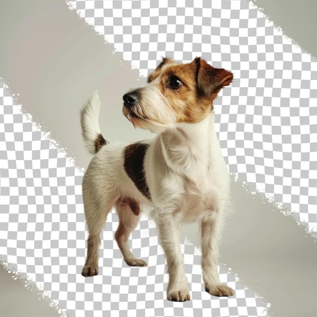 a dog with a white tail stands on a white background