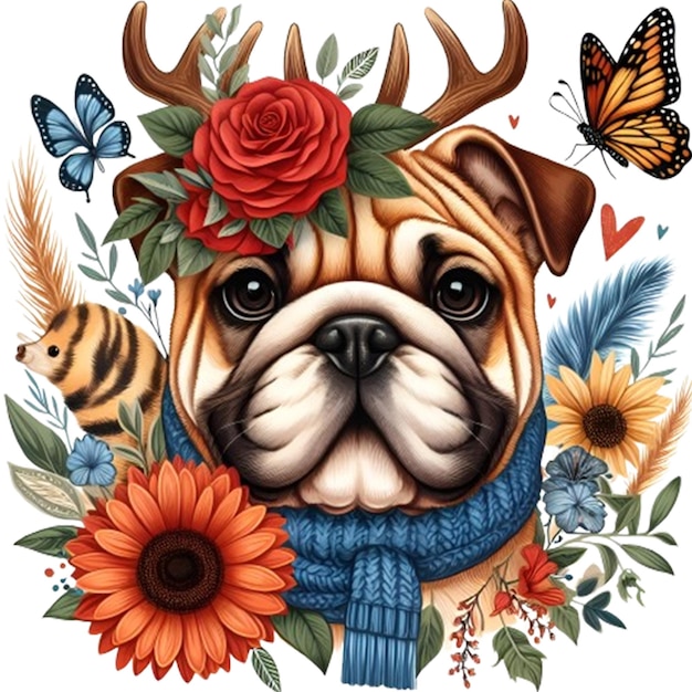 PSD a dog with a wreath on its head and flowers on it