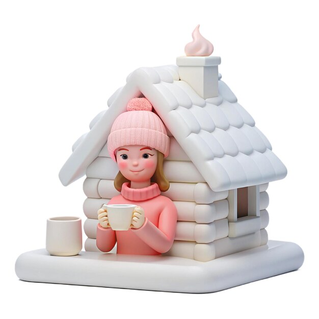 PSD a doll sits in front of a house with a cup of coffee