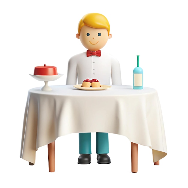 PSD a doll sits at a table with a plate of food and a bottle of wine