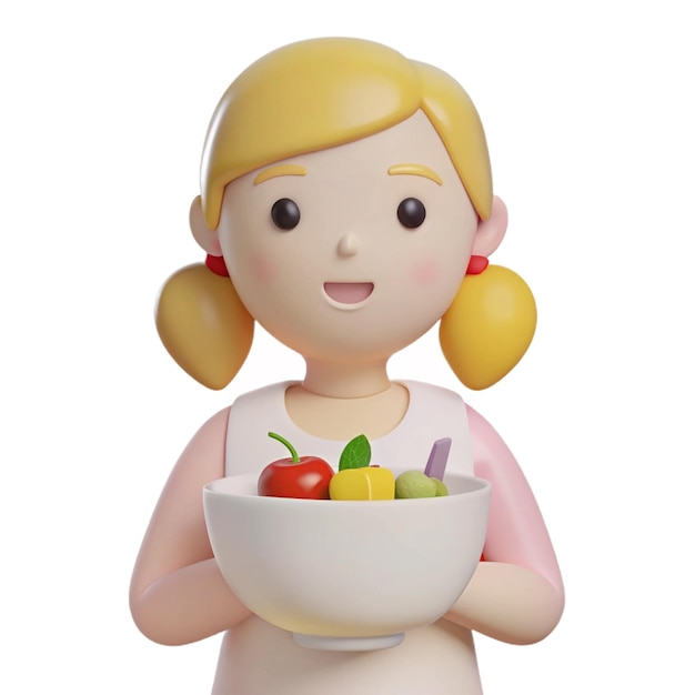 a doll with a bowl of fruit and a bowl of fruit