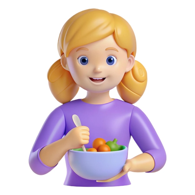 a doll with a bowl of fruit and a spoon in it