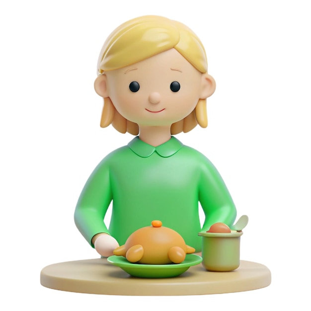 PSD a doll with a green shirt and a bowl of food on a table