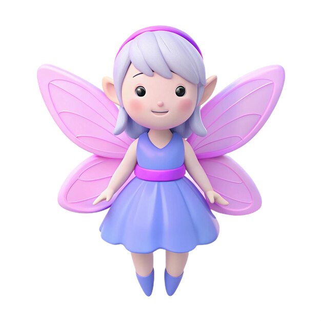 a doll with a purple dress and purple wings is shown